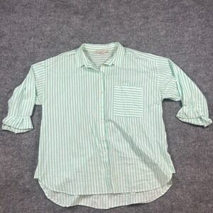 Loft Poplin Pocket Shirt Womens XL Green White Striped Cotton Oversized Everyday